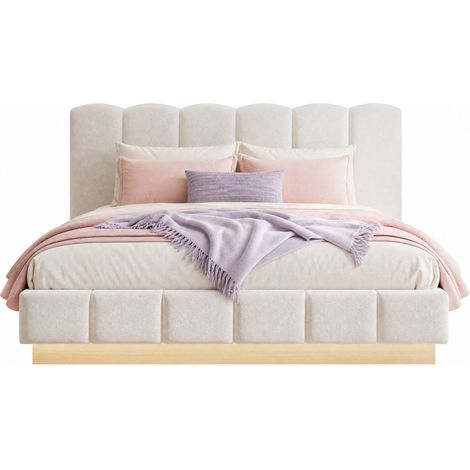 Lit coffre 180x200 cm avec sommier, tête de lit capitonnée bouclette blanche, rangement hydraulique et LED, double lit élégant gain de place pour chambre - CHICFURN (1/5)