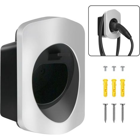 Wall-mounted cable holder, Type 2, electric car charger holder with connector, charging cable organizer, charging station accessories, silver MUMU (1/4)