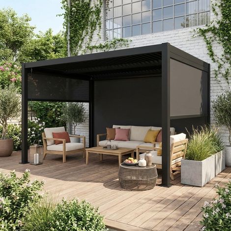 Pergola bioclimatique aluminium et acier 3x4m lames orientables + 2 stores 3m + 1 store 4m PALACE noir (1/4)