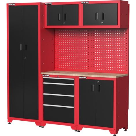 FEISTOS Equipement d'atelier Armoire à outils Juno 2 Paroi perforée incluse Noir/Rouge 198x46x198 cm