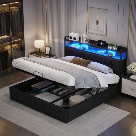 Lit coffre 140×190 cm,lumière LED et port USB,cadre de lit 140×190,rangement hydraulique,lit double capitonné,tête de lit avec rangement,style moderne,sommier à lattes,lit adulte,lit ados,PU,Noir