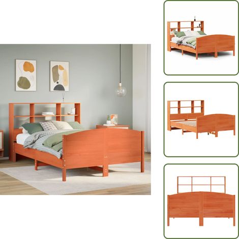 The Living Store Cama con estantería sin colchón madera maciza marrón 120x190 cm - Cama de madera