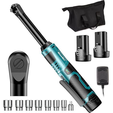 Seesii 55N.m Akku Ratschenschlüssel, 15CM Akku Ratsche, 2x2000mAh Akkus Elektrischer Ratschenschlüssel, 3/8" 400 U/Min Kabelloser Ratschenschlüssel Set mit Schnellladung und 7 Stecknüsse