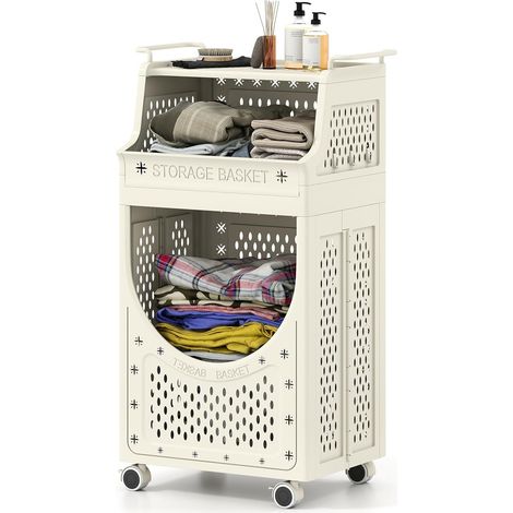 COSTWAY Panier à Linge Pliable avec Roues Verrouillables, Bac Linge Sale Plastique 2 Niveaux, 61L, 6 Crochets, pour Buanderie, Salle de Bain, Chambre (21L+40L,Basic) (1/5)