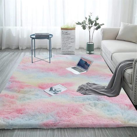 Tapis de chambre doux et moelleux Aujelly - Modèle shaggy bariolé arc-en-ciel - Dimensions 90 x 150 cm - Décoration colorée et moderne pour chambre à coucher (1/5)