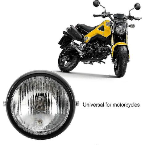 Universal Retro Motorradscheinwerfer, schwarzes Gehäuse, weiße Linse mit Metallgitter für GN125 Highway