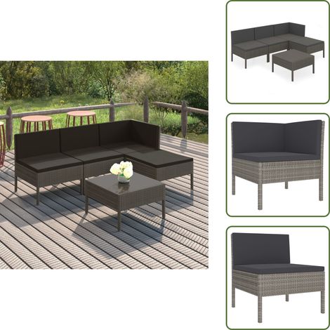 5-tlg. Garten-Lounge-Set mit Auflagen Poly Rattan Grau - Gartensorgafurniture - Loungemöbel - Gartenloungeset - PE-Rattan - Outdoormöbel