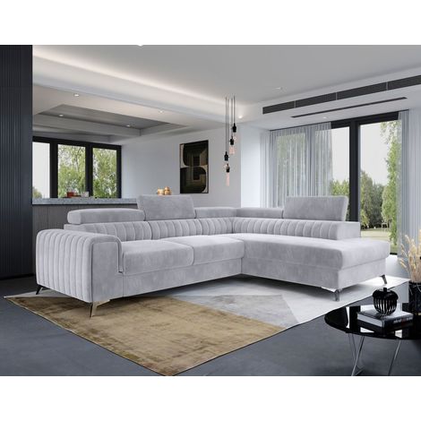 Bestmobilier – Canapé d'angle droit 5 places convertible – Coffre de rangement – Velours gris clair – Dimensions 278x205 cm – Têtières réglables (1/5)