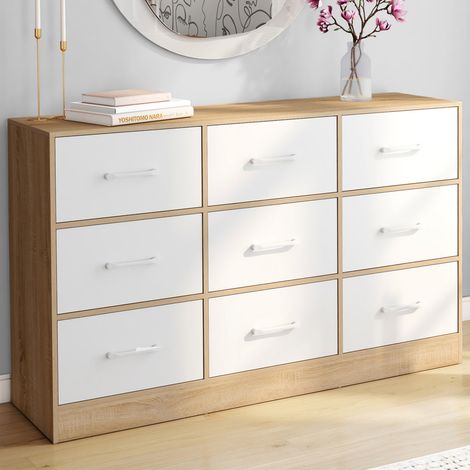 Arcón de tela de 9 cajones UPPAH 113 cm mueble de almacenamiento de madera de haya y blanco