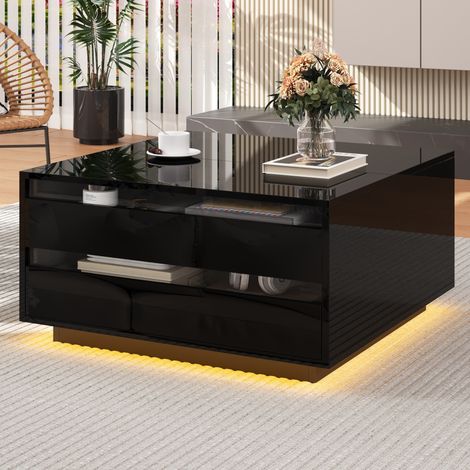 Table basse relevable 70x70x38 cm noire en panneaux de particules et acrylique avec LED, rangement intégré et tiroir (1/5)