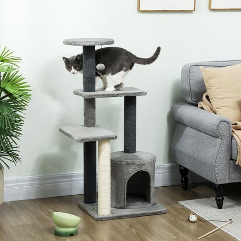 Arbre à chat 103 cm avec grotte, plateformes, poteaux à griffer en sisal et balle peluche pour chats jusqu'à 5 kg, gris