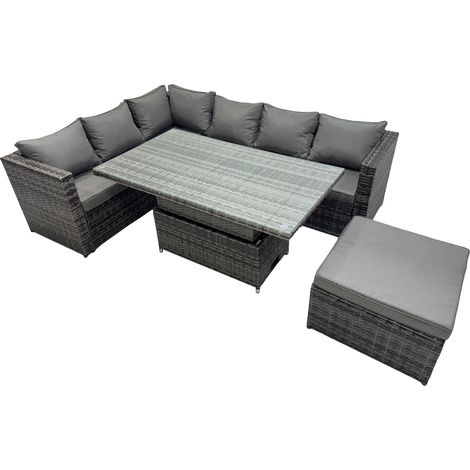 Fimous 7-seater Height Adjustable Rising Lifting Table Corner Sofa Set Rattan Garden Furniture Dining Set with Big Stool Dark Grey Mixed (1/5)