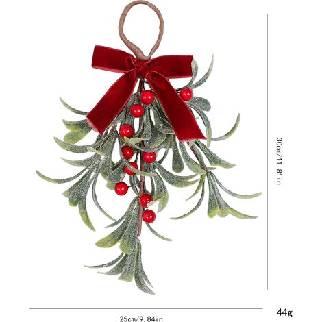 Branche de gui artificielle suspendue avec baies rouges et nœud velours 30×25 cm, décoration de porte Noël (1/3)