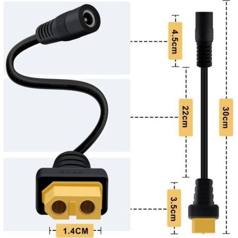 Câble adaptateur Xt60 vers DC 5 - 5x25 mm pour chargeur de batterie solaire Ts100 - 30 cm - DC femelle vers Xt60 femelle (1/4)