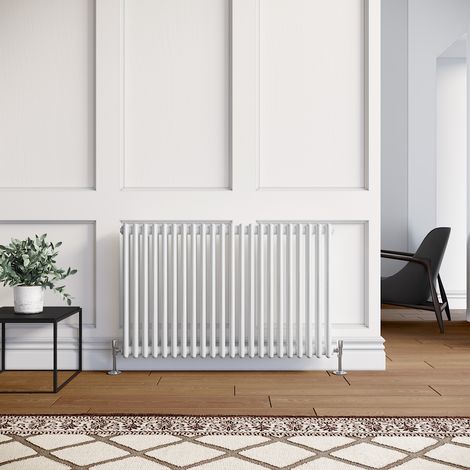 ELEGANT Traditional Column Radiator Horizontal White Double Bar Heater Central Heating + White Thermostatic Radiator Valves 600 x 1010mm (1/5)