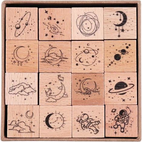 Lot de 16 tampons en bois décoratifs sur le thème de l'univers et de la galaxie (1/5)