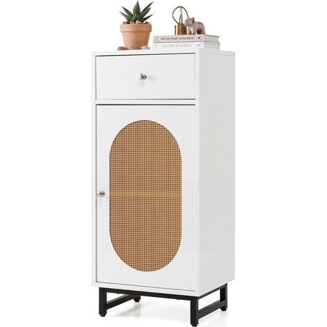 COSTWAY Commode Chambre Étroite avec Tiroir, Porte Cannage Bohème (Blanc) (1/5)