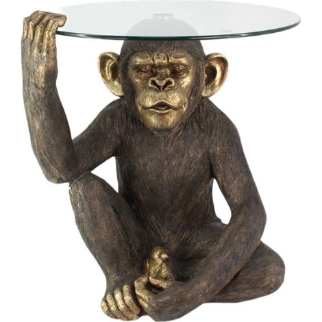 Runder Couchtisch ZANBARI 60 cm mit dekorativem Affen und gehärteter Glasplatte