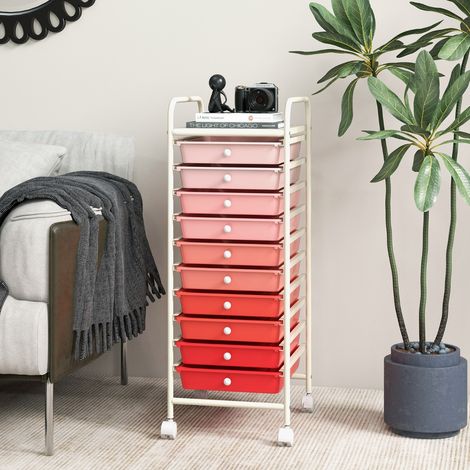 Chariot Rangement Métal Chromé 10 Tiroirs 33x37x86 cm Rose CW56610 (1/3)