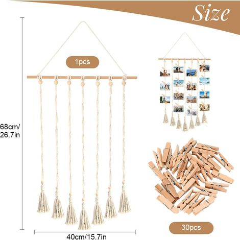 Cornice portafoto da parete in stile bohémien con 30 clip in legno, gancio portafoto in macramè, decorazione creativa per soggiorno e camera da letto - ALTRO (1/4)