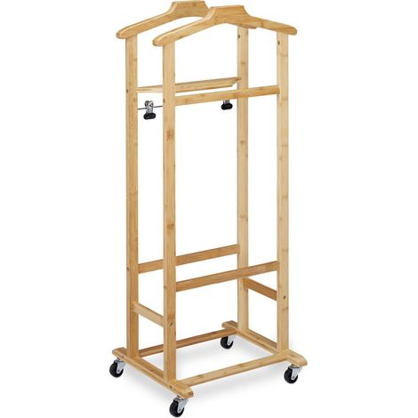 Valet de chambre à roulettes 80 x 40 x 150 cm pratique pour vêtements et accessoires design moderne en bambou nature (1/5)