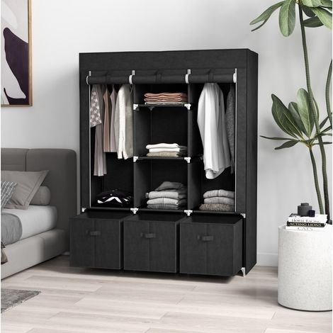 Stoffschrank 125x43x162.5 cm schwarz aus Stahl mit 3 Schubladen und 2 Kleiderstangen (1/5)