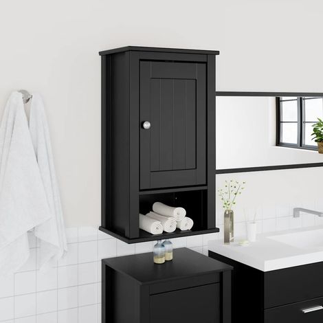 Armoire murale de salle de bain-Armoire suspendue-Meuble de rangement BERG noir bois de pin massif 847638 (1/5)