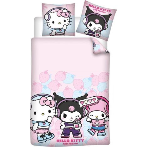 Parure de lit double rose et bleu - Hello Kitty, Kuromi et My Melody - 140x200 cm (1/2)