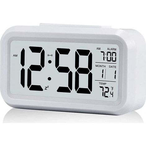 White Digital Alarm Clock with Large LCD Temperature Display, Battery Powered Silent Alarm Clock with Snooze Function (1/5)