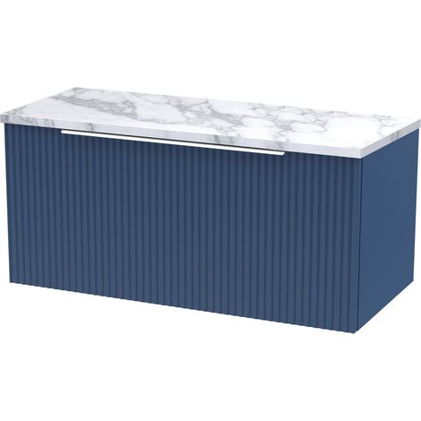 Hudson Reed Fluted Wall Hung 1-Drawer Vanity with Carrera Marble Worktop 800mm Wide - Satin Blue (1/5)