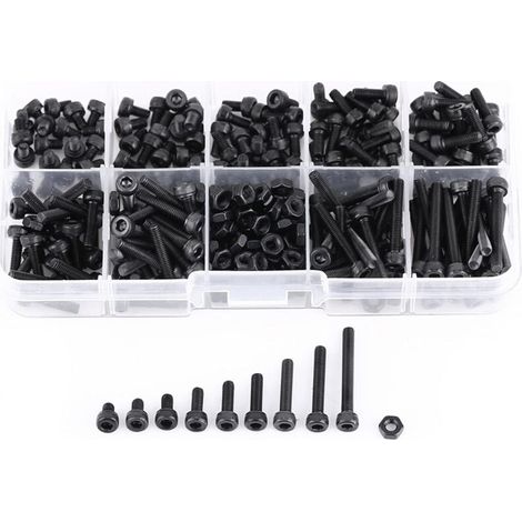 280pcs Kappe Kopf Innensechskant Schraube Mutter Sortiment Schwarz M3 12,9 Metrische Maschine Verschluss Sortiment Kits, Gewind (1/4)