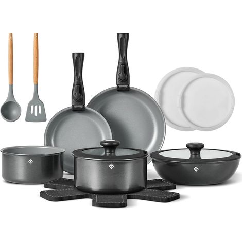 Batterie de Cuisine, Poêles et Casseroles Induction en Céramique Poignée amovible, Empilable, Tous feux induction, Four/lave-vaiss., Gain de place, Sans PTFE/PFOA, Van (1/5)