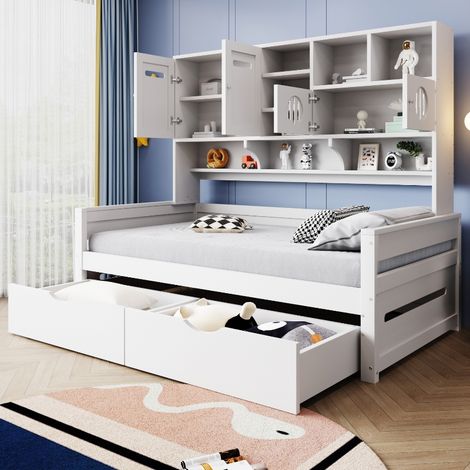 Holzsofa-Bett 90x200 cm mit Stauraum und großen Schubladen, Multifunktionsbett aus Kiefernholz inklusive Lattenrost, platzsparendes Jugendbett in Weiß (1/5)