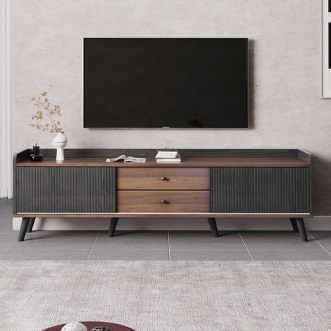 TV-Schrank mit zwei Schubladen, Fernsehtisch TV Board, TV- Lowboard niedrige Platte mit zwei Schiebetüren. Exquisite Textur. Schwarz und natürliches Holzfarbe. H58/L160/T40 cm