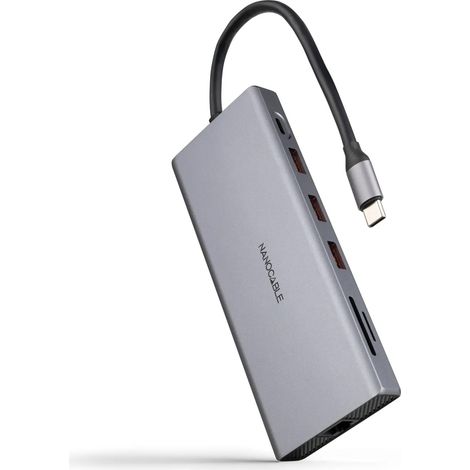 Concentrador USB-C Nanocable 10.16.4612 12 en 1 3xUSB-A 3.2 2xHDMI 4K60Hz DP RJ45 Lector SD/TF Audio PD 100W