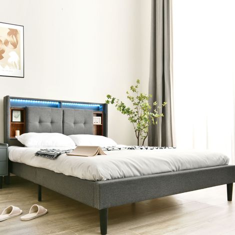 Polsterbett Massivholz Grau 140x200 cm mit Stauraum-Kopfteil, USB, Steckdosen, LED, Lattenrost und Matratze (1/5)