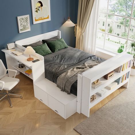 Cama de madera de 120x200 cm con escritorio y espacio de almacenamiento, cama funcional blanca con compartimento abatible, piecero abierto, módulo lateral montable a la izquierda/derecha, cama juvenil (1/5)
