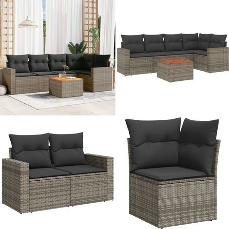 6-tlg. Garten-Sofagarnitur mit Kissen Grau Poly Rattan - Gartenmöbel - Outdoor Möbel - Rattan Gartenmöbel - PE-Rattan - Esstisch Set - Home & Living (1/5)