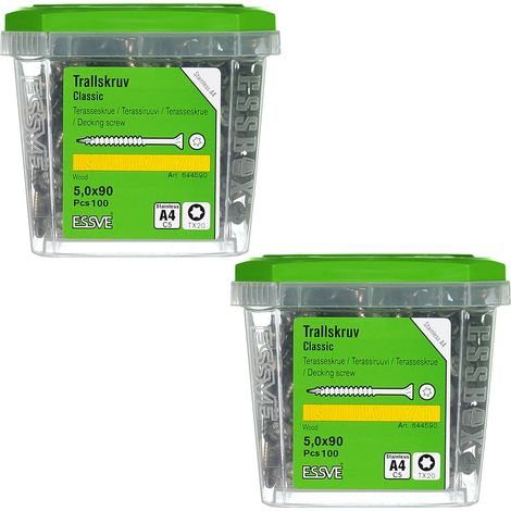 Tornillos para tarimas de madera ESSVE CLASSIC resistentes a los ácidos, tamaño A4, 5,0 x 90 mm, 100 unidades x 2 (1/3)