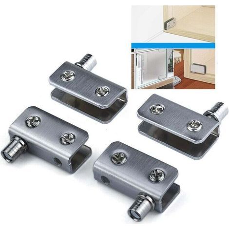 Glass door hinges (set of 4), 90° pivot hinges, drill-free hinges, stainless steel, suitable for glass 5 to 8 mm thick. (1/4)