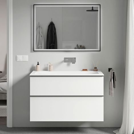 Unterschrank Bernstein LAVOA 100 cm mit Mineralguss Waschbecken CREAM - Badmöbelfarbe Weiß matt, Griff Schwarz matt, Waschbecken Weiß matt ohne Hahnloch