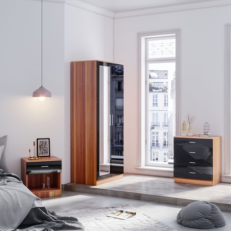 ELEGANT Modern Wardrobe and Cabinet Furniture Set Bedroom 2 Doors Wardrobe with Mirror and 4 Drawer Chest and Bedside Cabinet, Black/Walnut (1/5)