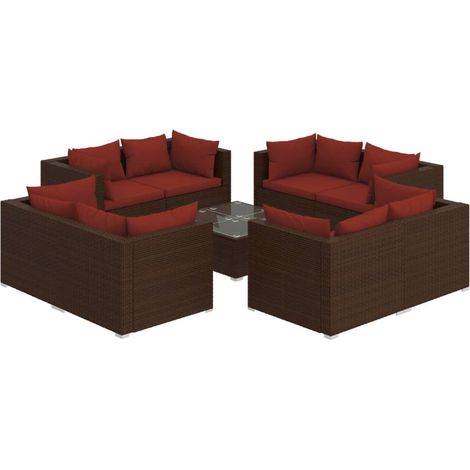 Set mobili da giardino set arredamento da esterno 9 pezzi con cuscini polyrattan marrone 020018131