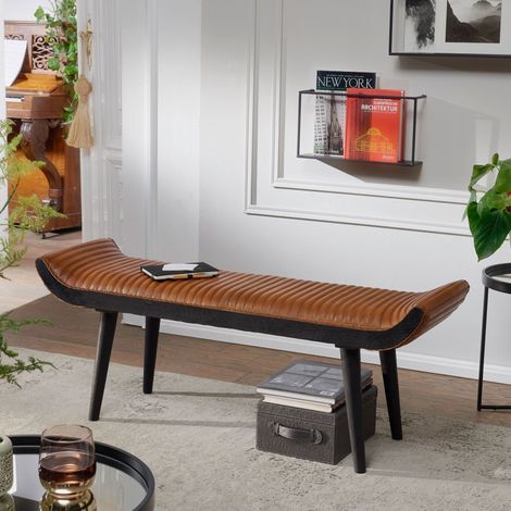 Banc 125x38x51 cm en bois et cuir véritable noir et marron (1/4)