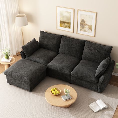 Sofá esquinero de 3 plazas con otomana, 222,5 x 154,5 cm, asiento profundo y cómodo, tejido de chenilla gris oscuro. (1/5)