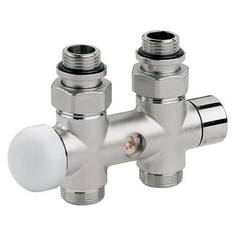 RBM – Collecteur en H droit thermostatisable 3/4″ – 3 sorties M G1/2” – Raccords Euroconus M G3/4” – Entraxe 50 mm – Température max 110°C