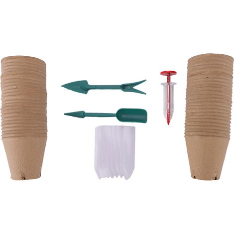 Pots de tourbe avec trous de drainage, 20 étiquettes, 2 outils de repiquage, 1 semoir, kit de germination pour jardinage (50 pièces) (1/5)