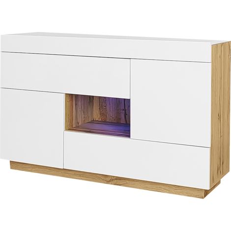 Aparador con cajones y iluminación LED RGB, blanco y efecto madera, 120 x 37 x 76,5 cm (1/5)
