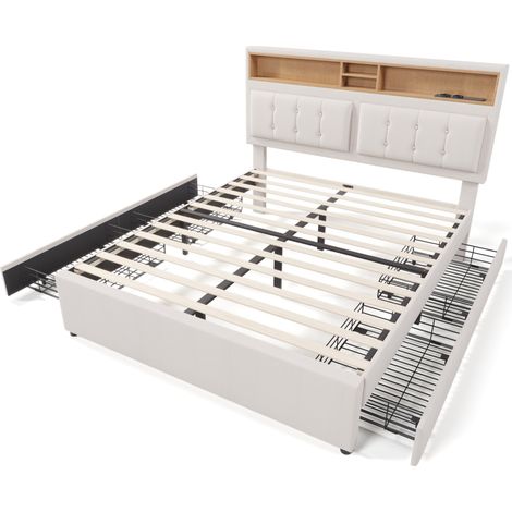 Cama doble capitoné 160x200 cm con 4 cajones, tomas USB-C y cabecero ajustable HOMVRA (1/5)
