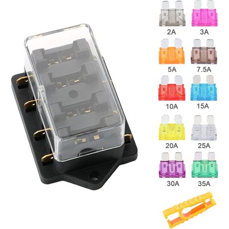 4 Way Car Fuse Box, 12V/24V/32V/48V Universal Standard Blade Fuse Holder with Waterproof Cover and 10 Blade Fuses for Car, Truck, Boat, Marine (1/5)